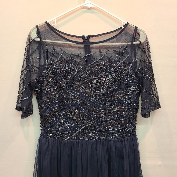 Adrianna Papell Formal Dress Beaded Sequin Womens 4 Navy Blue Short Sleeve Maxi - Picture 3 of 16